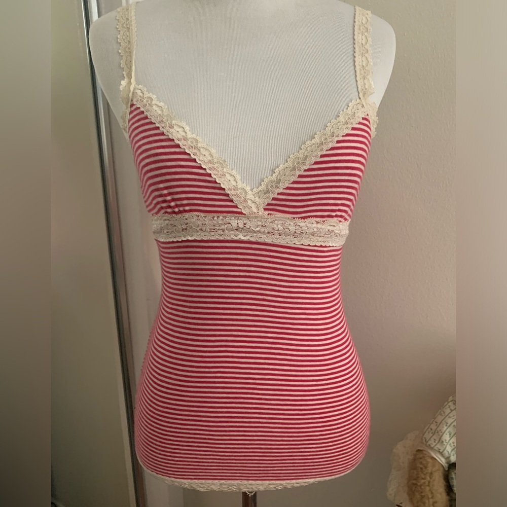 Y2K Red and White Stripe Cami with Lace Trim